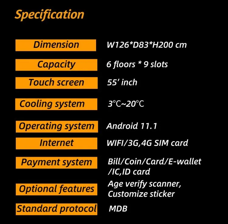 specification of gig touchscreen vending machine for snacks and drinks with optional payments, optional elevator, perfect for brand promotion