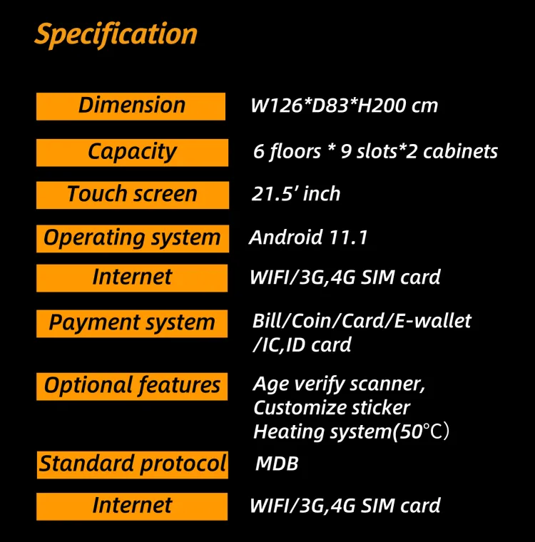 specification of double combo vending machine for meals and snacks