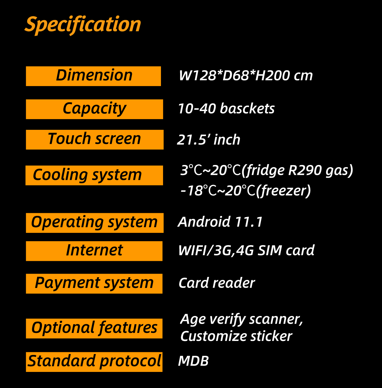 specification of Micron Office vending machine