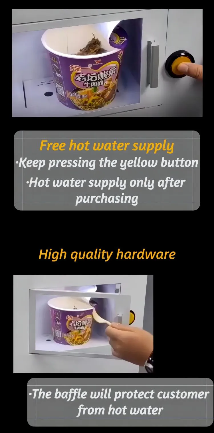 free hot water supply of cup noodle ramen vending machines with a built-in hot water dispenser for selling cup noodles, ramen and cereal