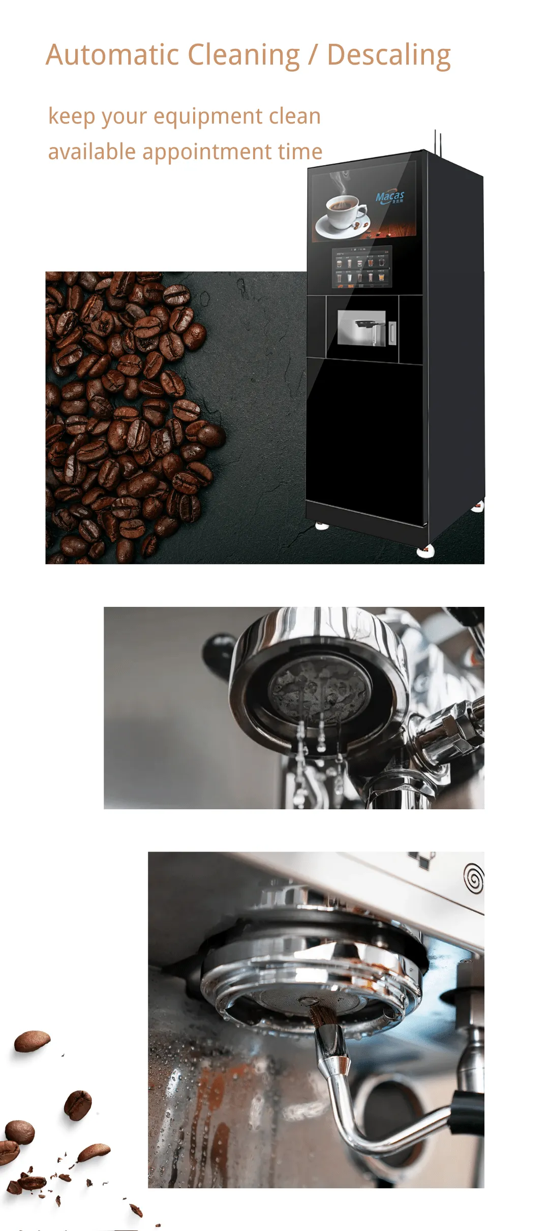 automatic cleaning descaling function of standing coffee vending machine