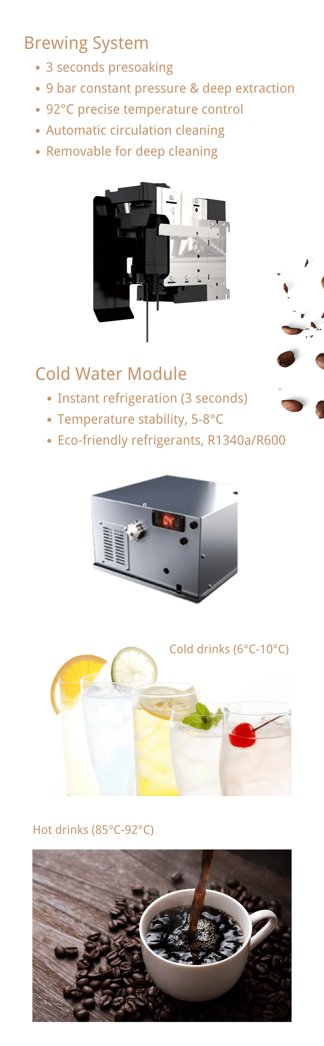 brewing system and cold water module of standing coffee vending machine