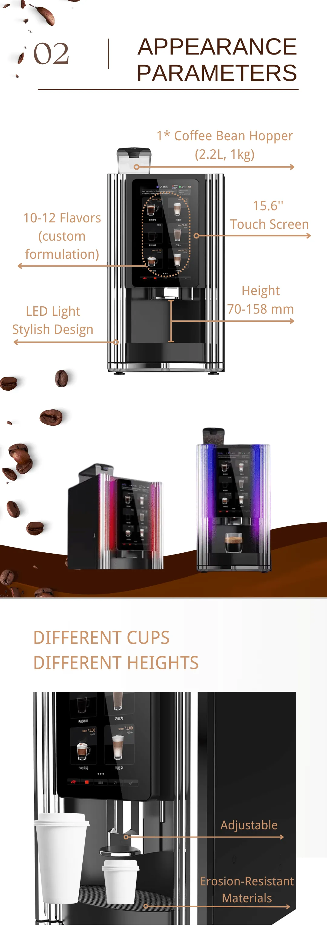 Appearance parameters of office coffee vending machine