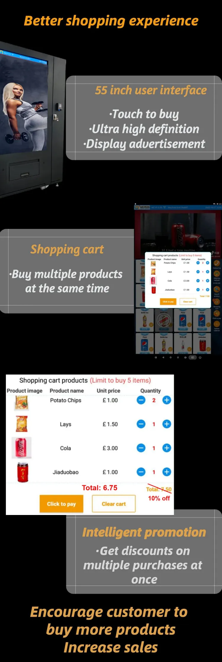 better shopping experience with big touchscreen vending machine for snacks and drinks with optional payments
