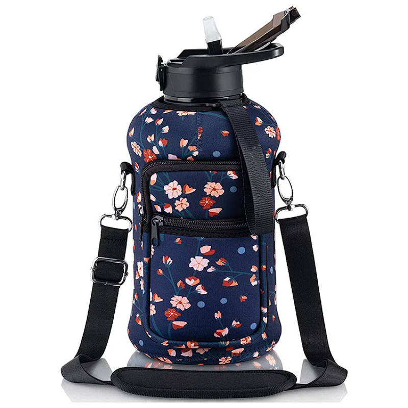 Factory Wholesale Sublimation Neoprene bottle sleeve with stash pockets and detachable carry strap a