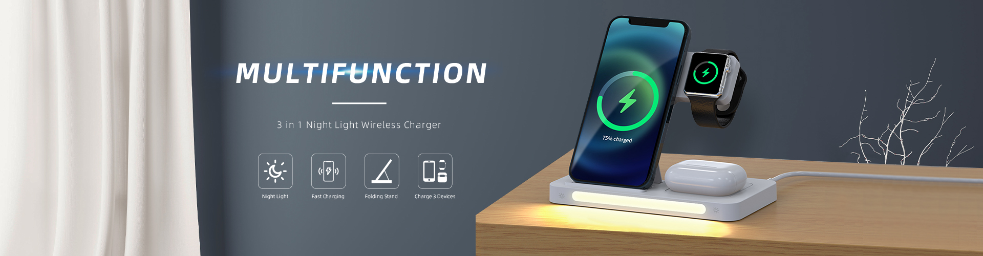 M1026Q--3in1 Foldable Fast Wireless Charger with Touch Night Light