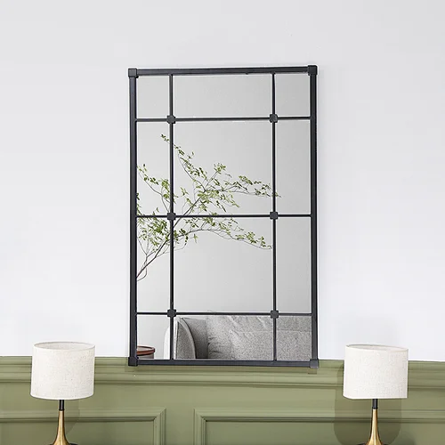 Vintage Black Oversized Industrial Rectangular Beveled Metal Framed Accent Decorative Wall Mirror
