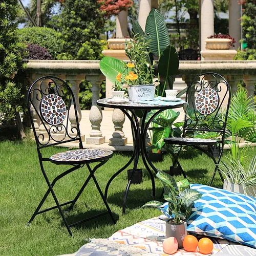 Wrought Iron Folding Table and Chair Mosaic Bistro Set Outdoor Furniture 3 Piece Garden Cafe Dining Set