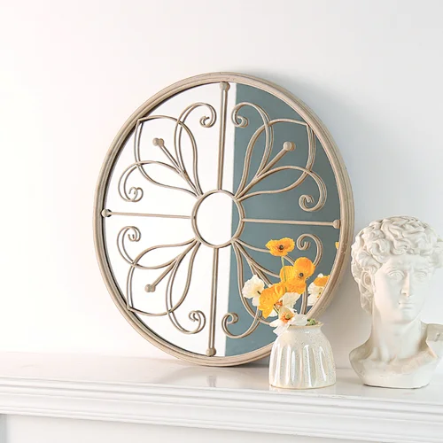 Wall Mounted Home Decor Round Accent Mirror Metal Frame Antique Vintage Circle Decorative Wall Mirror For Indoor Outdoor Garden