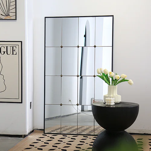 Black Industrial Metal Mutil Grid Window Pane Rectangular Floor Full Length Mirror
