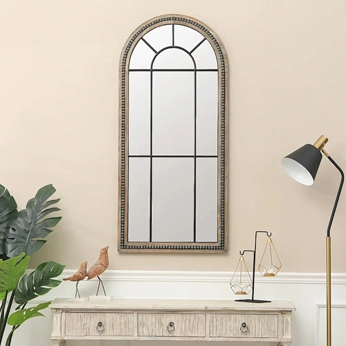 Natural Wood Metal Insert Arched Window Wall Mirror