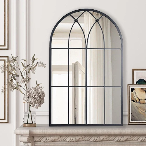black windowpane arch antique garden mirror