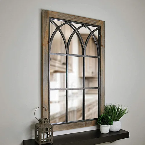 Arched Window Accent Wall Mirror Wood Metal Mirror Wooden Vanity Wall Mirror for Bathroom