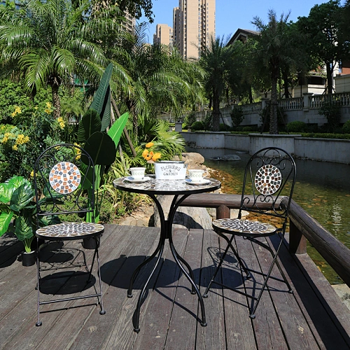 Wrought Iron Metal Folding Table and Chair Mosaic Bistro Set Outdoor Furniture 3 Piece Garden Cafe Dining Set