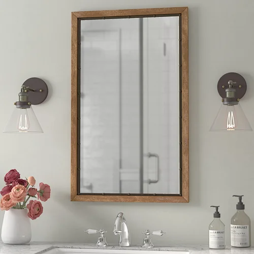 Rustic Modern Farmhouse Wall Mirror Solid Wood Metal Rectangular Distressed Chestnut Finish Decorative Mirror