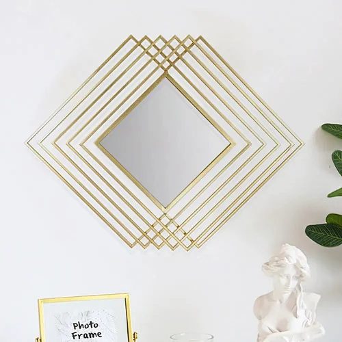 Modern Luxury Overlapping Geometric Shape Decorative Rhombus Gold Metal Wall Mirror