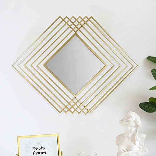 Modern Luxury Overlapping Geometric Shape Decorative Rhombus Gold Metal Wall Mirror