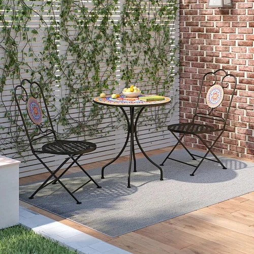 Garden Patio Dining Set Round Mosaic Table with 2 Patio Folding Chairs