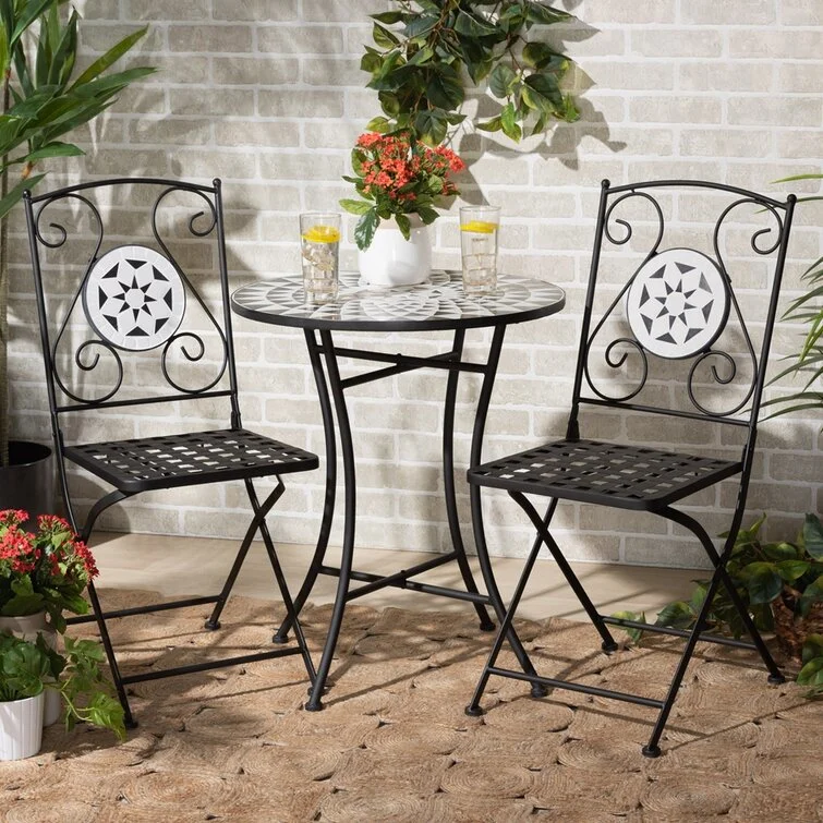 3 Piece Mosaic Patio Bistro Set Garden Dining Set Round Table and 2 Patio Folding Chairs Outdoor Conversation Set
