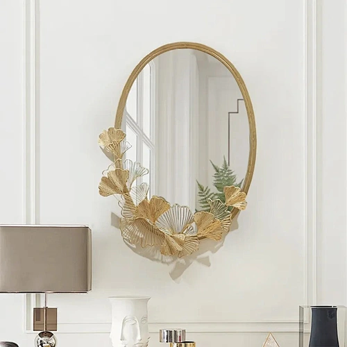 Luxury Glam Oval Wall Mirror 3D Leaves in Gold Metal Frame
