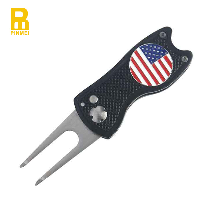 Stainless steel switch blade pitch fork golf retractable divot tool