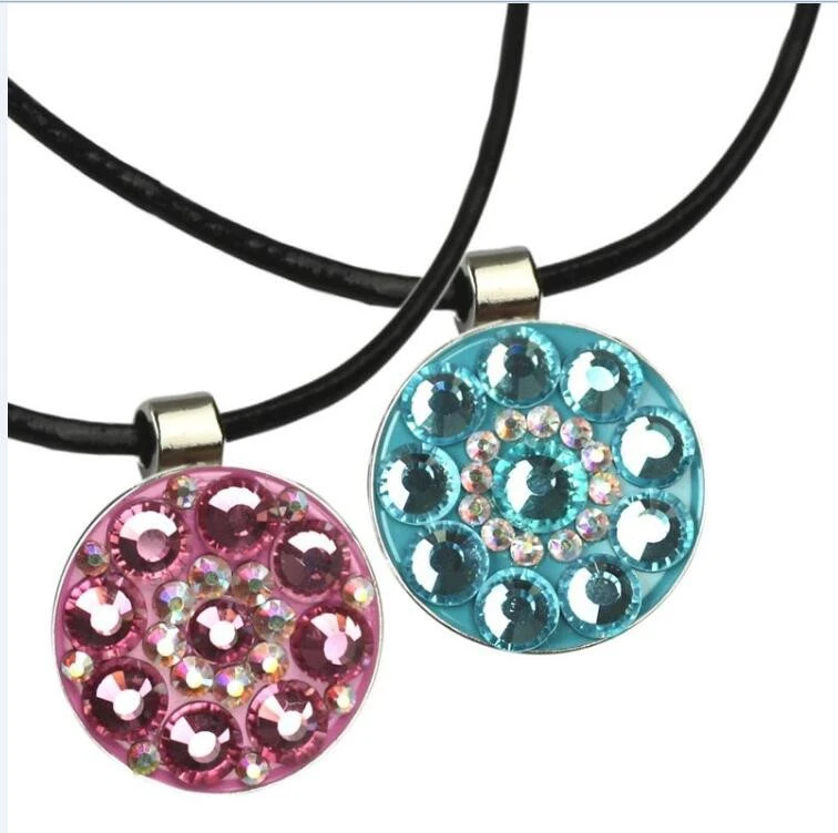 Crystal golf ball marker necklace golf with leather chain