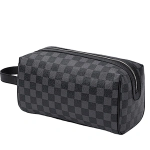 Luxury Checkered Make Up Bag, PU Vegan Leather Cosmetic Toiletry