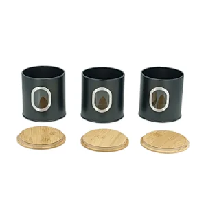 Kitchen Canisters with Bamboo Lids, Airtight Metal Canister Set, Coffee, Sugar, Tea, Flour, Pasta Storage Containers, Kitchen Decor, Set of 3