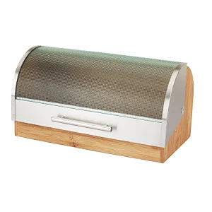 Glass Lid,  Bamboo Body, Stainless Steel Frame Bread Bin