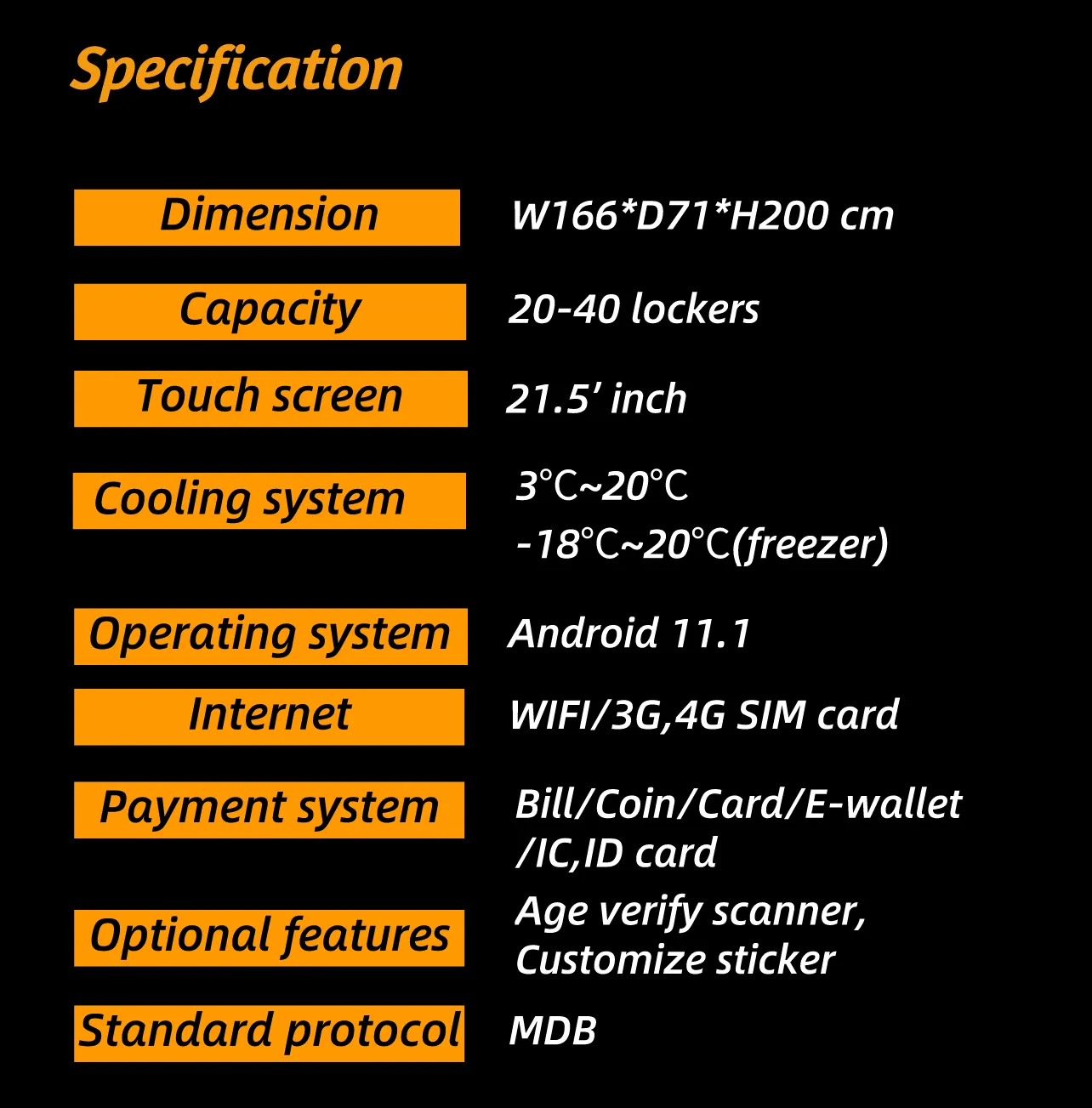 -18℃ Office Freezing Locker Vending Machine for Prepared Dishes Food specification