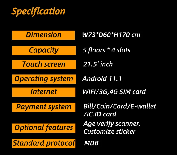 Standing/Hanging e-cigarette vape vending machine specification