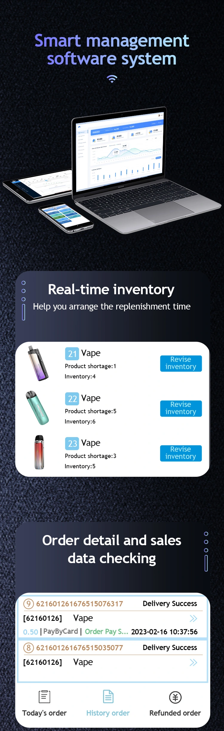 smart management software system for mini tabletop vape vending machine for selling vape e-cigarette tissue condom tampon easy to use