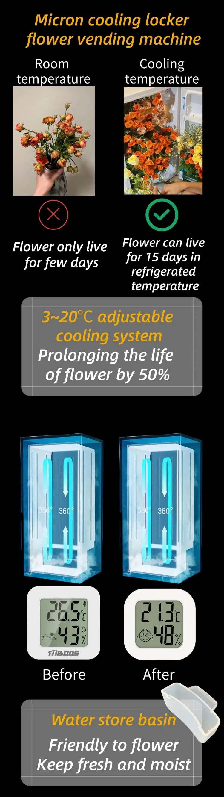 Hot sale fresh flower vending machine adjustable cooling system
