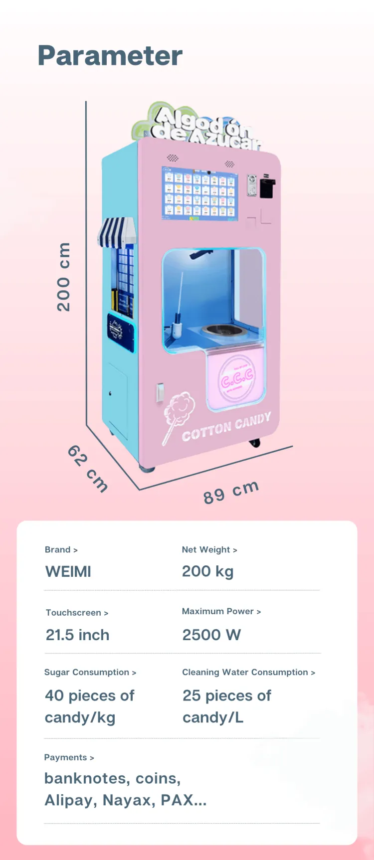 Commercial Full Automatic Cotton Candy Machine DIY Candy Floss Vending Machine parameter