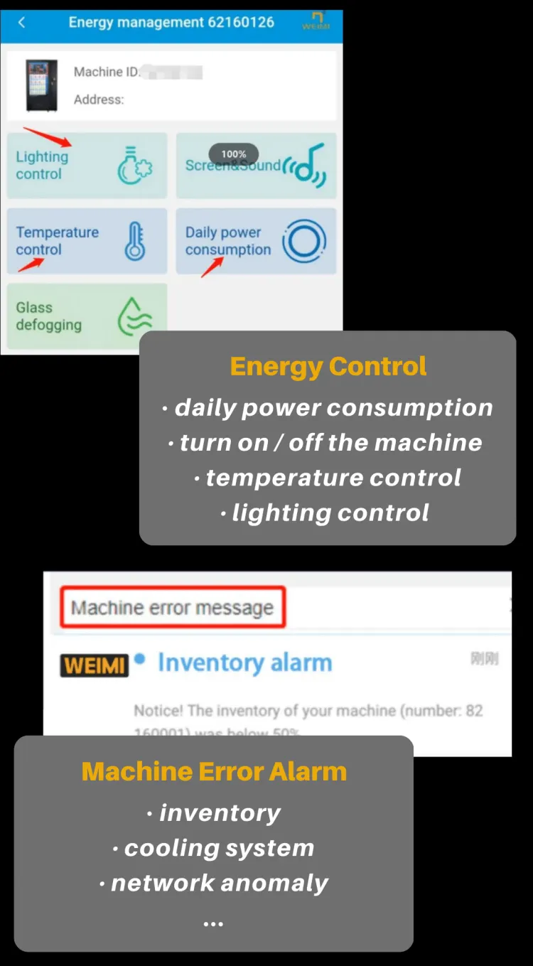 weimi pet vending machine support remotely control energy, receive machine erro alarm by email