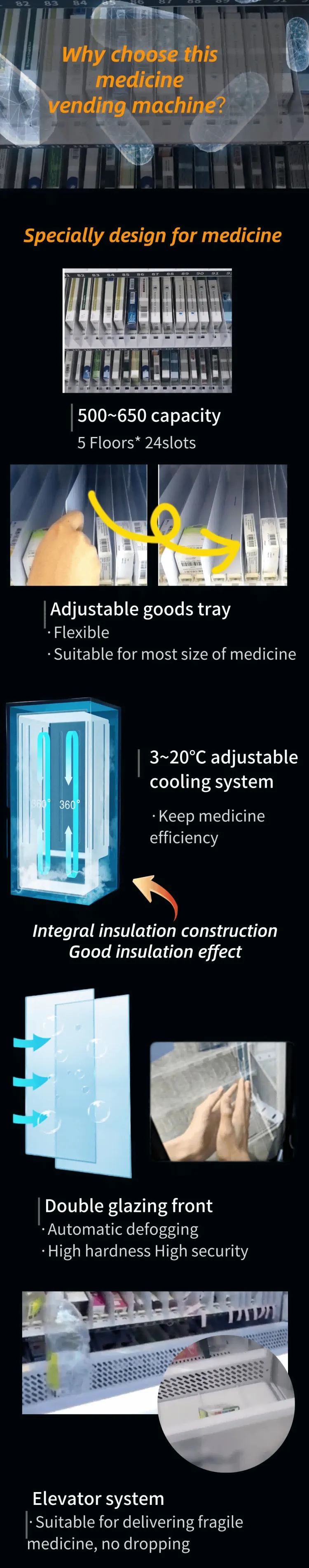 medicine vending machine 24-hour pharmacy for OTC medicine supports age verification, specially designed for medicine, big capacity with adjustable cooling system, double glazing front and elevator system