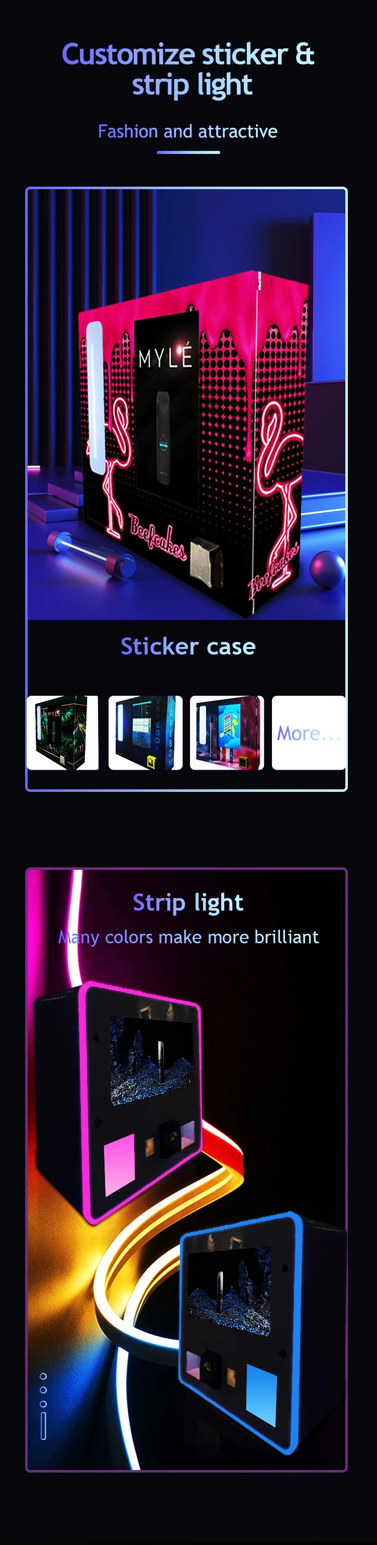 mini tabletop vape vending machine with customized stickers and led strip light