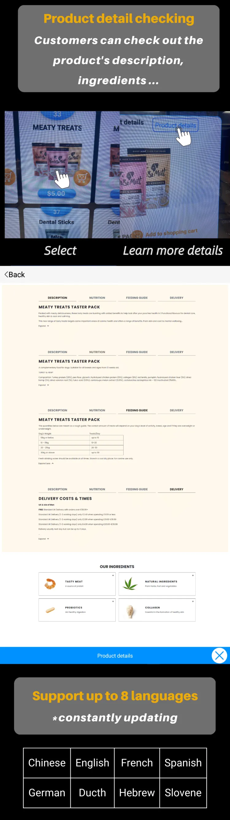weimi pet vending machine supports checking product details before buying, view product's description, ingredients...