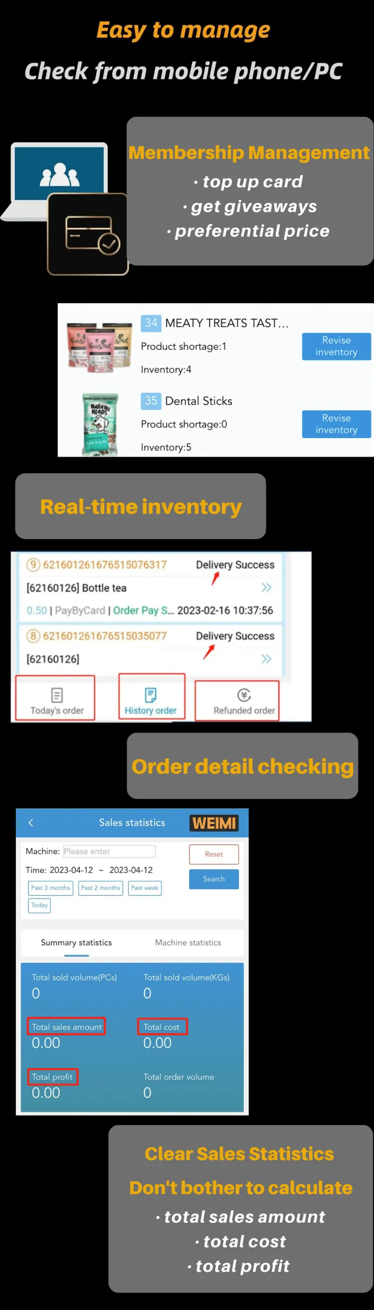 weimi pet vending machine easy to manage with smart operating system, remotely check real-time inventory and sales data from mobile phone/pc