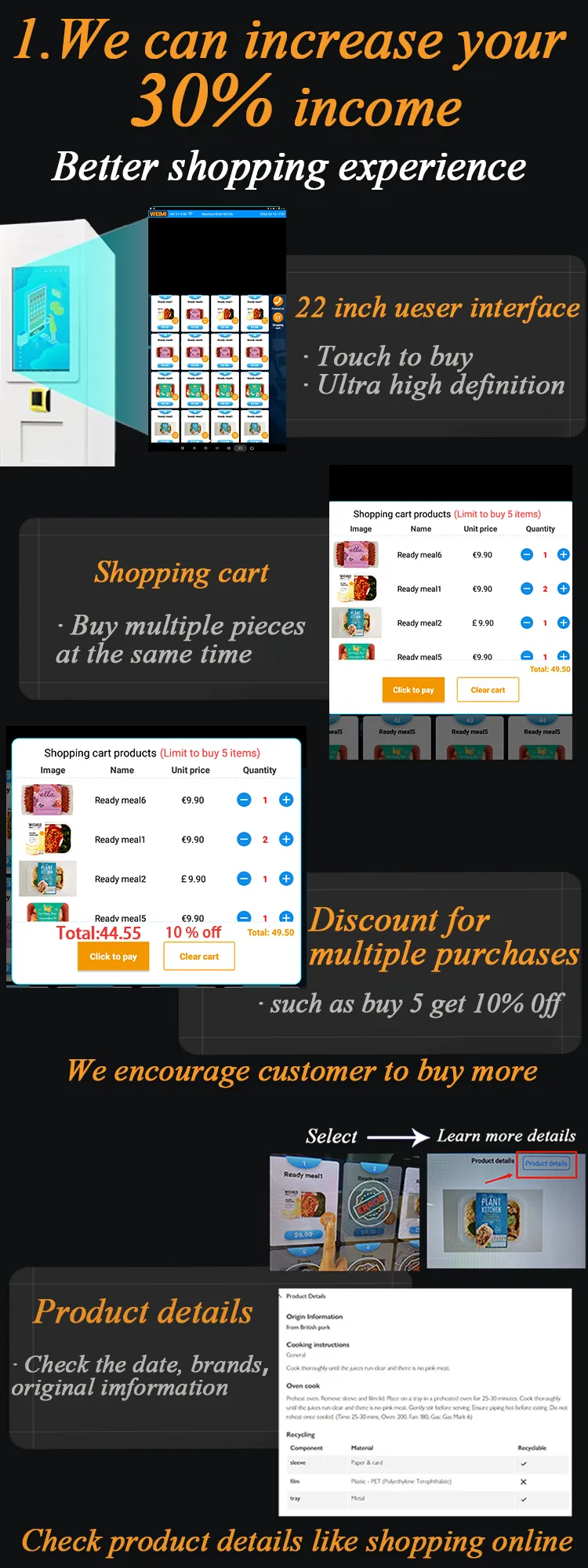 Intelligent Elevator Food Deli Vending Machine with 21.5-inch touchscreen & card reader great shopping experience