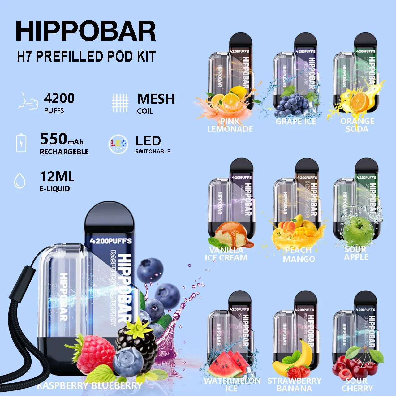 WEIMI H7 Replaceable Rechargeable Vape 4200 PUFFS with LED Light Prefilled Pod Kit for wholesale