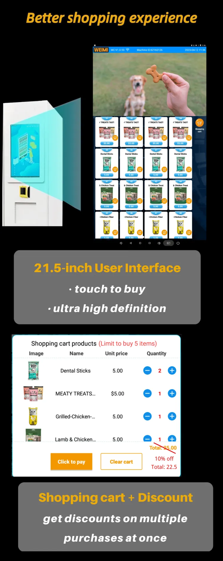 weimi pet vending machine offers better shopping experience with 21.5 ui, touch to buy, get discounts on multiple purchases at once