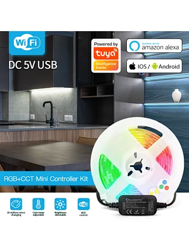 WIFI 5v USB Mini Controller Strip Light Kit 2m Command Smart Voice APP Control RGB+CCT 180leds WaterProof