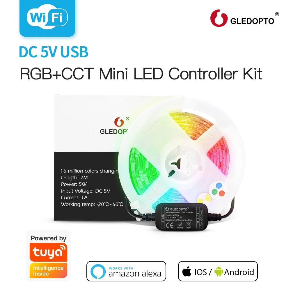 Mini 5V LED Strip KIT USB DC5V WIFI LED Controller RGB+CCT 2m/reel 180leds with 6-pin Connector