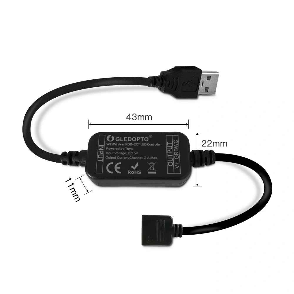 Mini 5V LED Strip KIT USB DC5V WIFI LED Controller RGB+CCT 2m/reel 180leds with 6-pin Connector