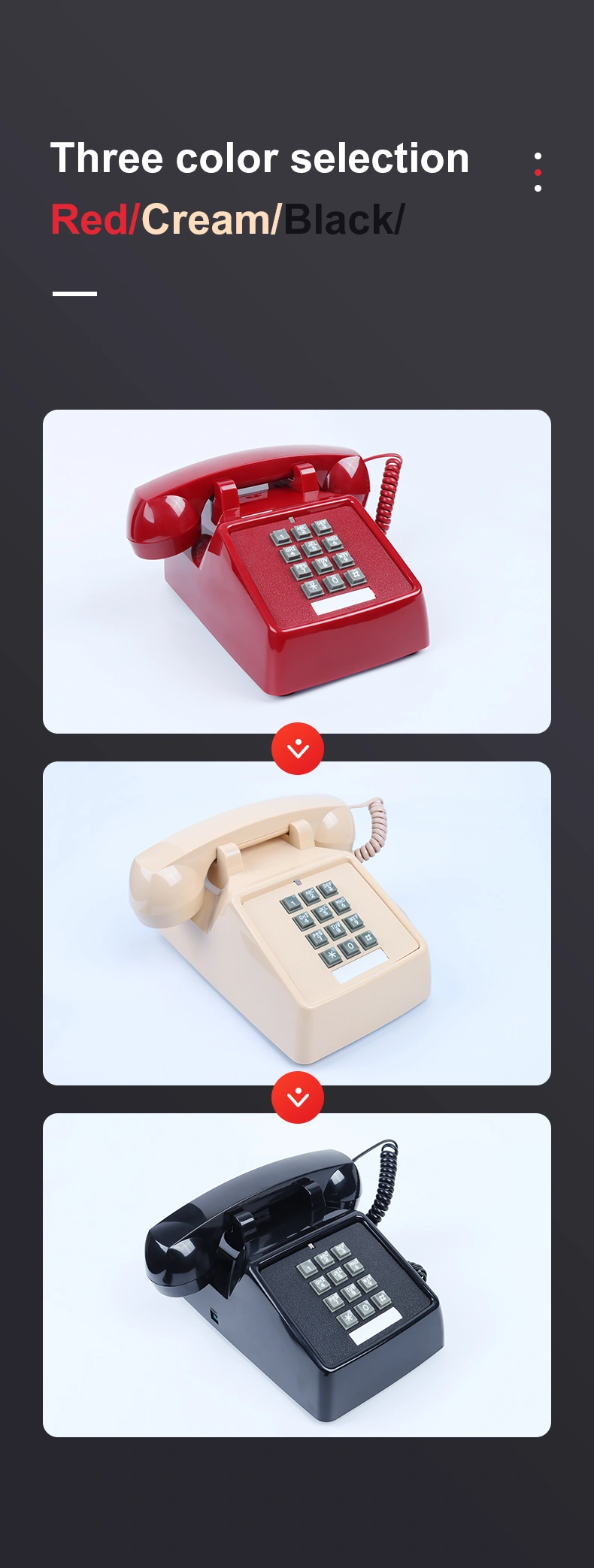 Cheeta Antique Telephone CT-N8020 Red, Shenzhen Cheeta Technology Co., Ltd., is a professional telephone and headset manufacturer in China . Provide telephone,call center headset, bluetooth headset wholesale and OEM.