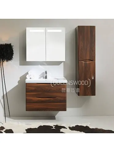 European style Bathroom Furniture Set Brown Elm Wall Mounted PVC membrane Bathroom Cabinet with Drawers 60-70-80 Size Wood Storage bath vanities