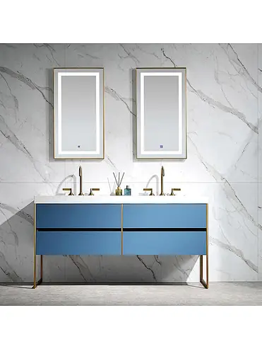 Trendy bathroom furniture luxury prussian blue free standing bathroom cabinet with basin and led mirror vanity set