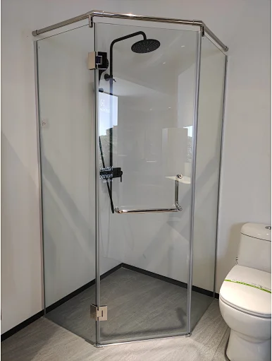 Frameless design stainless steel glass hinge two fixed one open door diamond shape shower enclosure