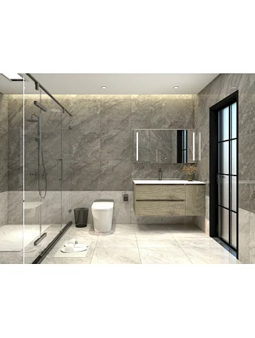 Wood grain Bathroom Cabinet Unit Modern Sintered Stone Laundry Bathroom Vanity Cabinet With LED Mirror Wash basin and Faucet